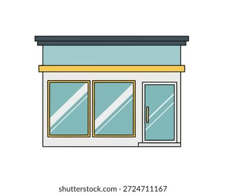 Uma ilustração simples de uma loja moderna com grandes vitrines e uma porta de vidro, perfeita para representar empresas de varejo e espaços comerciais