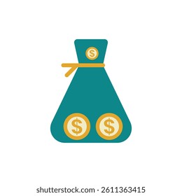 Simple Illustration of a Money Bag Filled with Coins, A teal-colored money bag, tied with a golden string, is filled with two golden coins featuring dollar signs.