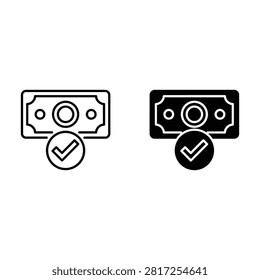 A simple illustration of a money icon with a check mark symbol indicating approval or confirmation.