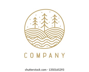 Simple illustration mono line landscape in gold color.