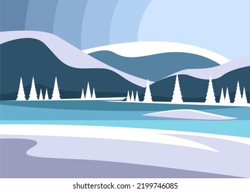 Ilustración simple de la vista de montaña y lago cuando se acerca el invierno. Ilustración de fondo de WInter