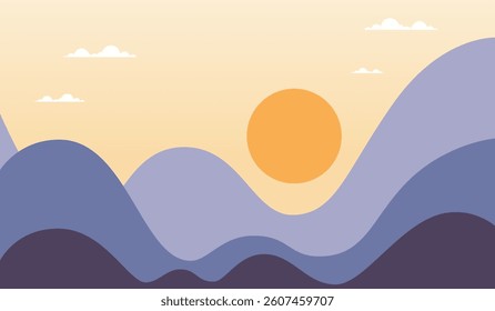 Simple Illustration of Mountains with Sun Above and Clouds 