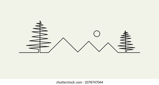simple illustration of mountains and trees in one continuous line