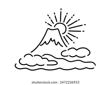 Ilustración simple del monte Fuji y el primer amanecer (blanco y negro)