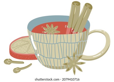 Simple ilustración del vino mulado en una taza linda con canela, anís, trozos de naranja y clavos