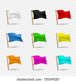 Simple illustration of multicolored flags on transparent background. Black white red blue green flag icon set with shadow. Mark label symbol