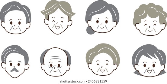 Simple illustration of multiple smiling elderly people