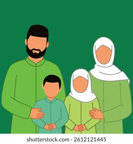 Simple illustration of a Muslim family, father, mother, son, and daughter, wearing traditional clothing.