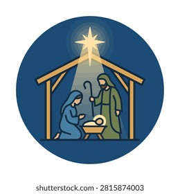 A simple illustration of the Nativity scene featuring Mary kneeling beside baby Jesus in a manger, with Joseph standing behind them.
