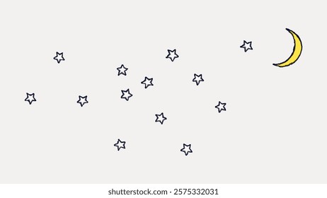 Simple illustration of a night sky with stars and a crescent moon. Stars scattered across the sky. Crescent moon glowing. Night sky with stars and moon. Vintage style art, isolated vector.