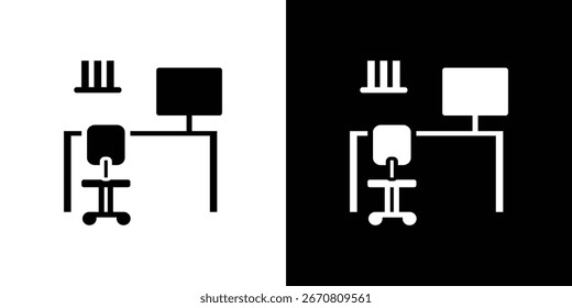 Simple illustration of an office desk setup, including a chair and monitor, shown in both black and white versions. Ideal for presentations or website design.