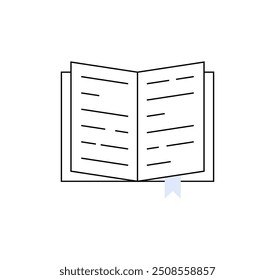 Simple illustration of an open book with a bookmark. Ideal for themes related to reading, education, literature, and knowledge. Features a black and white design with a touch of blue.