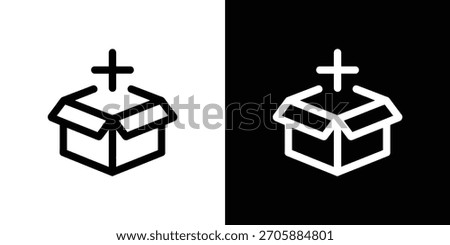 Simple illustration of an open box icon with a plus sign above it. This black and white design is suitable for conveying delivery or addition concepts.