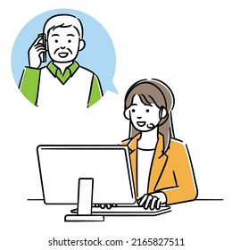 A simple illustration of an operator woman talking on the phone with a senior man.Vector data that is easy to edit.