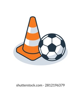 A simple illustration of an orange traffic cone next to a classic black and white soccer ball, presented on a light blue circular base.
