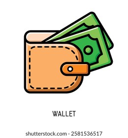 A simple illustration of an orange wallet with green cash sticking out Perfect for websites blogs or app design