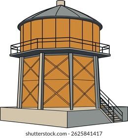 a simple illustration of an orange water tower with gray roof and base structure.
