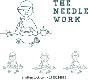 Simple illustration with outline of boy and girl doing needlework