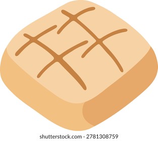 Simple illustration of an oval bread loaf with a golden crust and scored cross lines on the top surface.
