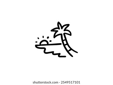 Ilustración simple de una palmera y una puesta de sol, con una vista a la playa.

