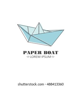 Simple illustration with paper boat and text, poster design. Logo for the company, background vector. Maritime symbol and creative logotype, modern emblem. Blue, white and black flat thin line icon 