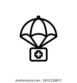 A simple illustration of a parachute carrying a medical supply box.  Symbolic of emergency aid delivery.