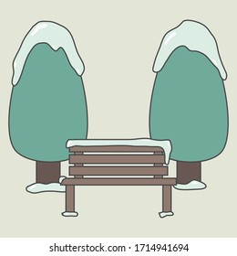 Simple illustration of a park bench between two trees in winter