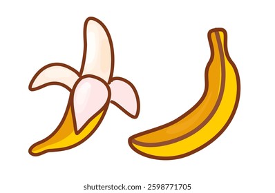 Simple illustration of a peeled banana and a whole banana on a plain background. Vibrant yellow and brown accents highlight tropical fruit details.