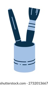 Uma ilustração simples de uma caneta e um pincel em pé em um suporte cilíndrico azul claro, isolado em um fundo branco.