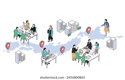 A simple illustration of people working in Japan in an isometric composition