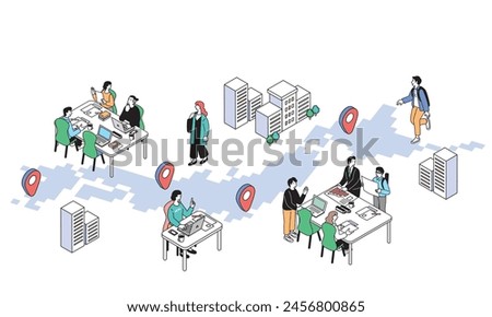 A simple illustration of people working in Japan in an isometric composition