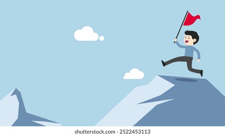 simple illustration of a person character reaching the top of a mountain and waving a red flag symbol of success. Design with the concept of a businessman's career journey. career success illustration