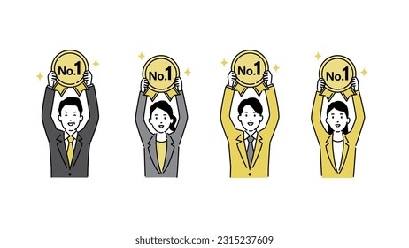 Simple illustration of a person holding a number one medal, vector