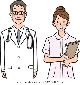 A simple illustration of a person. A man and a woman. A doctor and a female nurse.