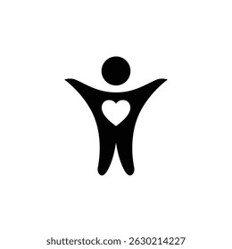 A simple illustration of a person with open arms and a heart in the center