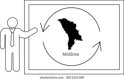 A simple illustration of a person presenting a map of Moldova within a circular arrow diagram.