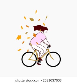 Uma ilustração simples de uma pessoa andando de bicicleta através de folhas de outono caindo.