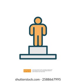 A simple illustration of a person standing on a pedestal, symbolizing achievement or recognition. Flat line style icon