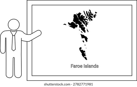 A simple illustration of a person in a suit pointing to a map of the Faroe Islands displayed on a whiteboard.