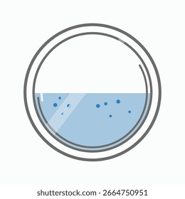 Una ilustración simple de una placa de Petri parcialmente llena de un líquido azul claro que contiene partículas Pequeñas.  La Imagen es limpia y minimalista.