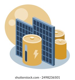 Simple illustration of photovoltaic panels with energy storage batteries. Sun and solar energy set icon.