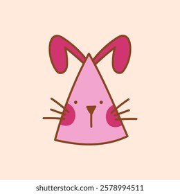 Simple illustration of a pink rabbit face on a party hat. Vector illustration on a isolated background