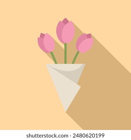 Simple illustration of pink tulips wrapped in white paper, symbolizing spring, love, and new beginnings