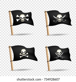 Simple illustration of pirates flags with skulls red eyes and bones or sabers on transparent background. Pirate black flag icon set with shadow. Piracy symbol