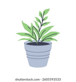 Simple illustration of plant with green leaves in grey pot. Perfect for minimalist designs.