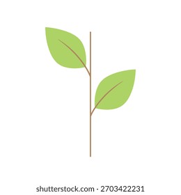 Una ilustración simple de un tallo de planta con dos hojas verdes.