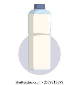 Simple illustration of a plastic bottle containing milk, closed with a blue cap, on a round background