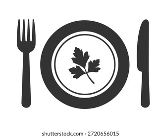 A simple illustration of a plate with a leaf and utensils on a black background
