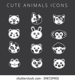 Simple illustration of pretty faces babies animals: pig, dog, panda, bear, rabbit, monkey, cat, frog, lamb. Vector icons of monochromatic set for your design or application.