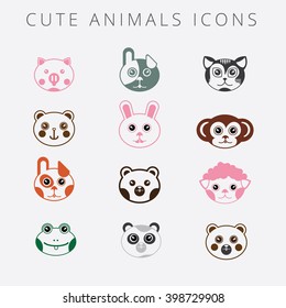 Simple illustration of pretty faces babies animals: pig, dog, panda, bear, rabbit, monkey, cat, frog, lamb. Vector icons of colorful set for your design or application.